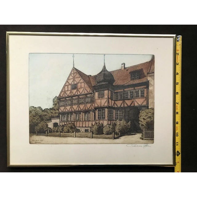 Paper 1935 "Horsens" Tudor Architectural Etching by Otto Holm, Framed For Sale - Image 7 of 8