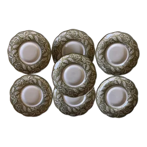 J&g Meakin English Ironstone Sterling Green and White Saucer - Set of 7