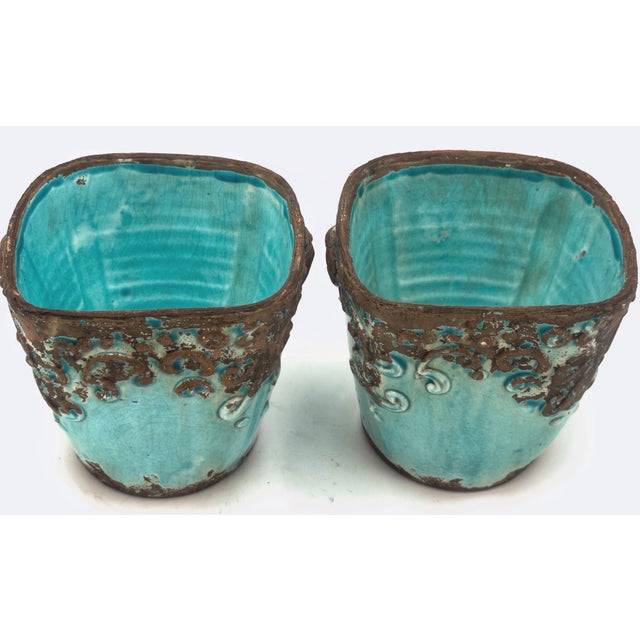 Late 20th Century Pair Italian Turquoise Crackle Glaze Cachepots by Arte Italica For Sale - Image 5 of 7