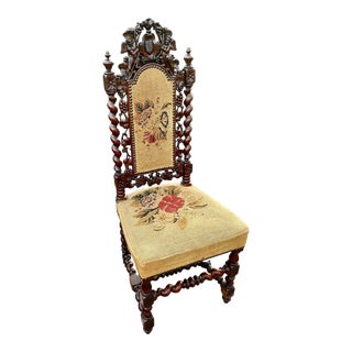Late 19th Century Antique French Carved Walnut Side Chair With Needlepoint Upholstery For Sale