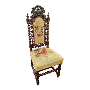 Late 19th Century Antique French Carved Walnut Side Chair With Needlepoint Upholstery