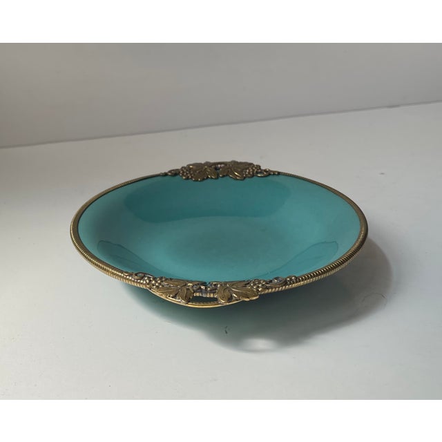 Art Deco Ceramic Dish in Turquoise Green Glaze & Brass from Christian Jensen, 1930s For Sale - Image 4 of 9