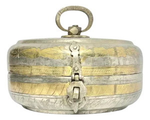 1970s Vintage Silver & Brass Tone Engraved Handmade Round Chapati Bread Box