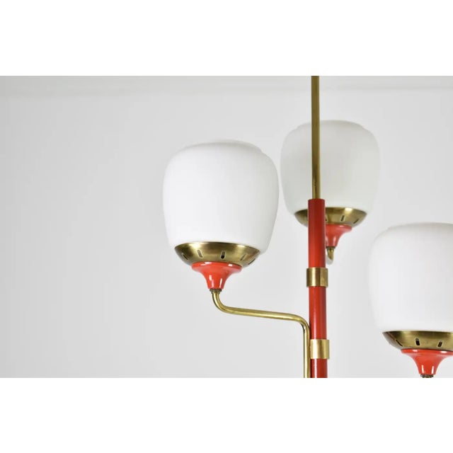 1950s Stilnovo-Style Pendant in Brass, Red Lacquer & Opaline Glass For Sale - Image 11 of 12