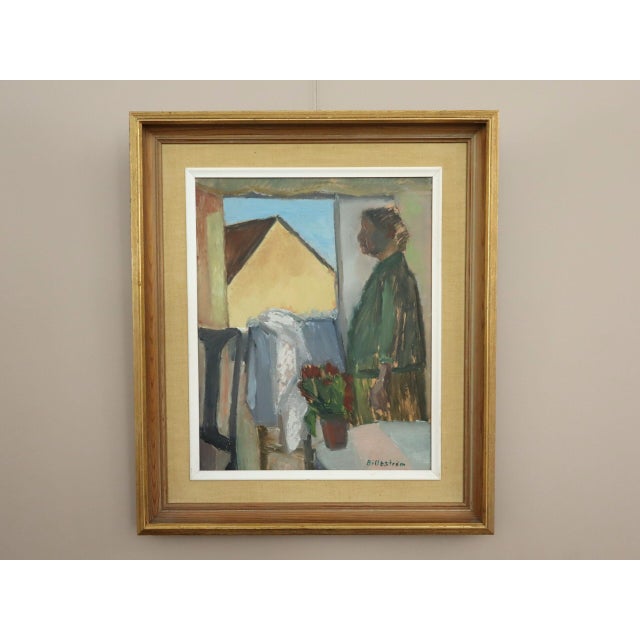 MORNING AT THE WINDOW Size: 21.9 x 18.7 inches (including frame) Oil on board A expressive mid-century interior scene that...