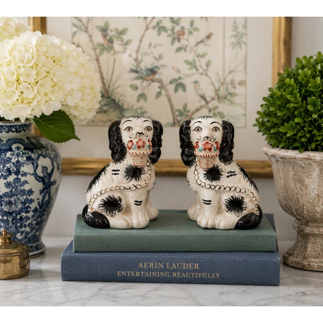 English Staffordshire-Style Dogs Classic Black & White With Baskets (Pair) For Sale - Image 3 of 4