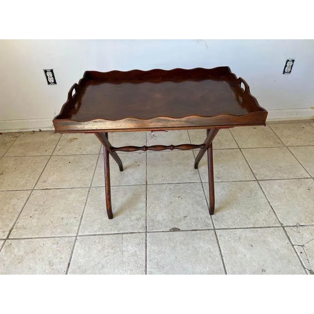 Antique Folding Flame Mahogany Inlaid Butler’s Tray Table. For Sale In Washington DC - Image 6 of 10
