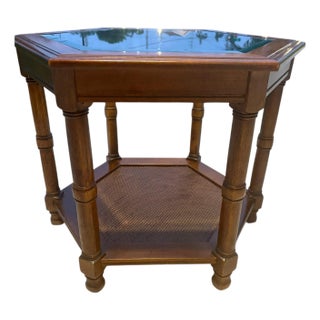 1970s Mid Century Faux Bamboo Mahogany Wood & Cane Hexagonal Glass Top Coffee Table For Sale