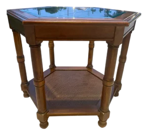 1970s Mid Century Faux Bamboo Mahogany Wood & Cane Hexagonal Glass Top Coffee Table