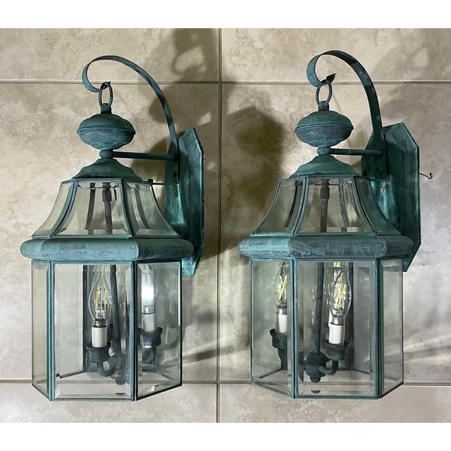 Elegant Pair of Vintage Brass Wall Lanterns- 20”h X 9”.5w X 10”d For Sale - Image 11 of 14