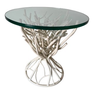 Vintage Coastal Palm Beach-Style Faux Coral Iron Side Table With Glass Top For Sale