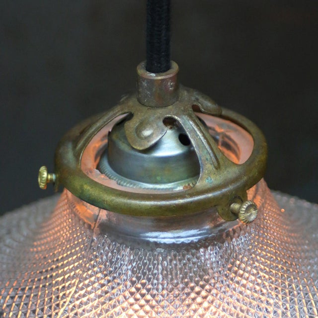Vintage Glass and Brass Pendant Light from Holophane For Sale - Image 4 of 7