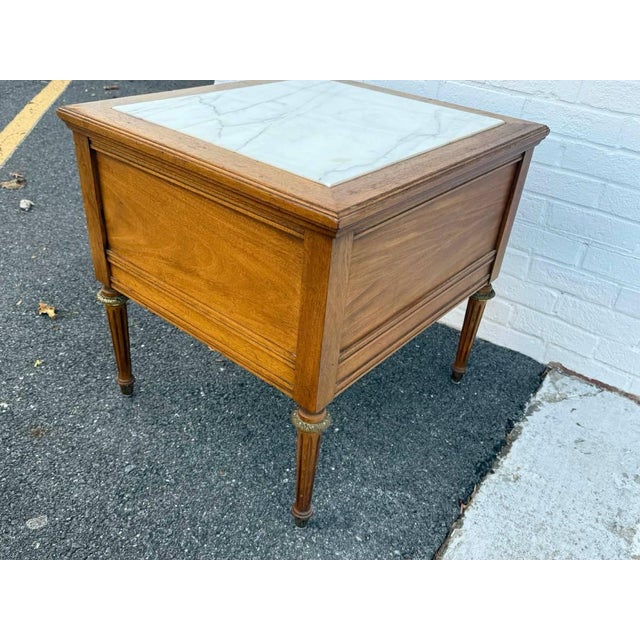 Pair of Vintage French Provincial Louis XVI Style Marble Top 2 Drawer Side Tables by Gordon's Inc. For Sale - Image 9 of 9