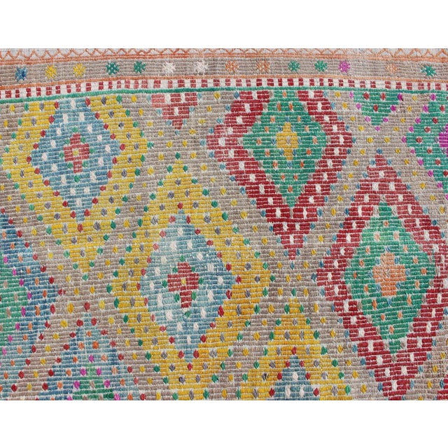 Tan Colorful Turkish Embroidered Kilim Vintage Rug in Diamond Design & Vivid Colors For Sale - Image 8 of 13