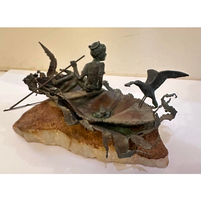 1970s 1970s Boy Fishing Figural Sculpture on Stone Base For Sale - Image 5 of 12