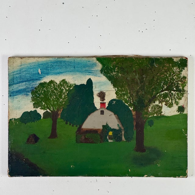 A marvelous primitive Folk Art oil on canvas painting! The antique painting depicts a naive landscape scene with a white...