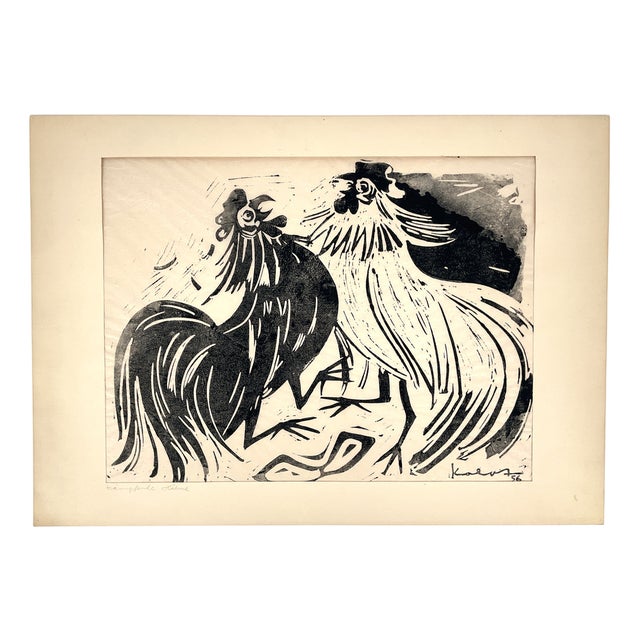 Walter Kalot, Fighting Cocks, 1956, Linocut For Sale