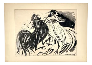 Walter Kalot, Fighting Cocks, 1956, Linocut