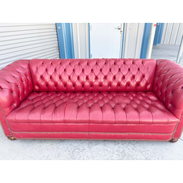 Mid-Century Modern 1980s Vintage Classic Chesterfield Tufted Red Leather Sofa For Sale - Image 3 of 11