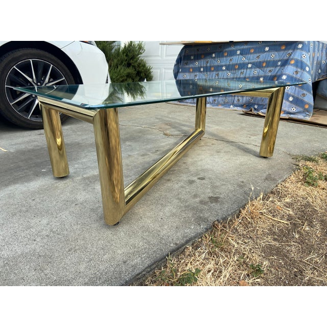 1970s Attributed to Karl Springer Hollywood Regency Style MCM Brass Tubular Coffee Glass Table For Sale - Image 10 of 18