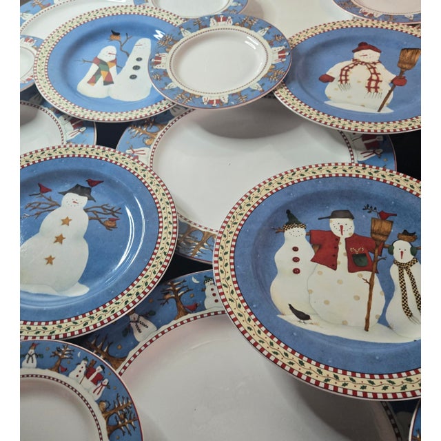 1990s Vintage Debbie Mumm Snowman Holiday China- Set of 20 For Sale - Image 5 of 18