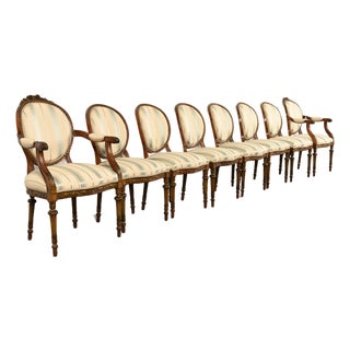 Karges Style French Regency Louis XVI Carved Mahogany and Gold Gilt Dining Chairs, Set of Eight For Sale