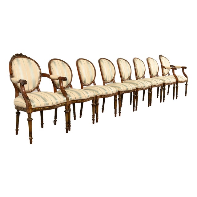 Karges Style French Regency Louis XVI Carved Mahogany and Gold Gilt Dining Chairs, Set of Eight For Sale