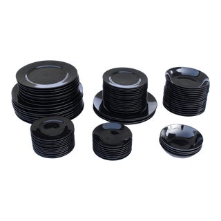 1970's Black Modern Taitu 'Uno' by Emilio Bergamin Plate & Bowl Dish Set - Set of 76 For Sale