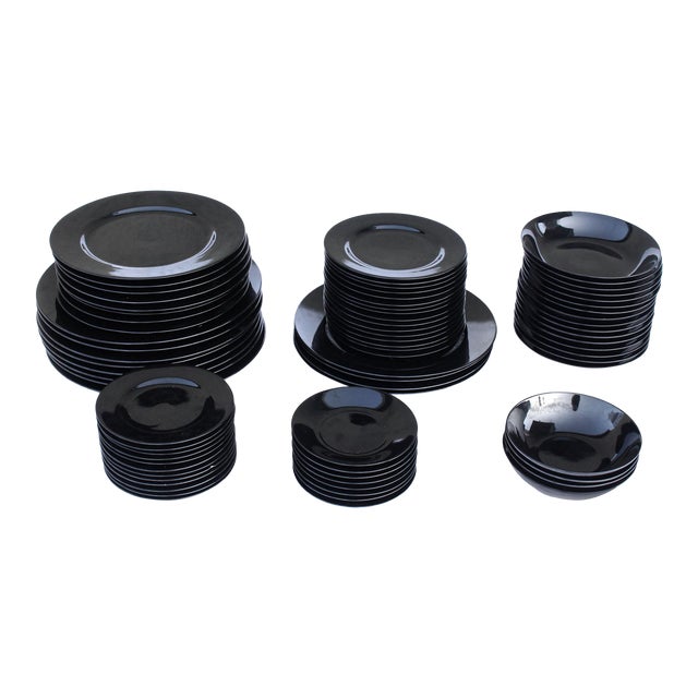 1970's Black Modern Taitu 'Uno' by Emilio Bergamin Plate & Bowl Dish Set - Set of 76 For Sale