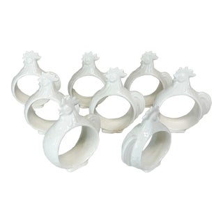 Mid-Century French Country Porcelain Le Blanc Chicken Napkin Rings - Set of 8 For Sale