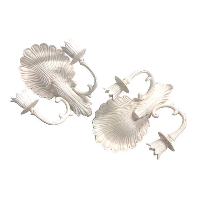 Shell Pair of Hand-Painted Coastal Wall Sconces/Candleholders For Sale