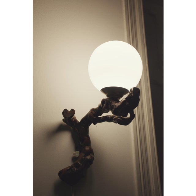 Vintage Organic Brutalist Vine Root Wall Lamp with Opaline Globe, 1960s For Sale - Image 14 of 18