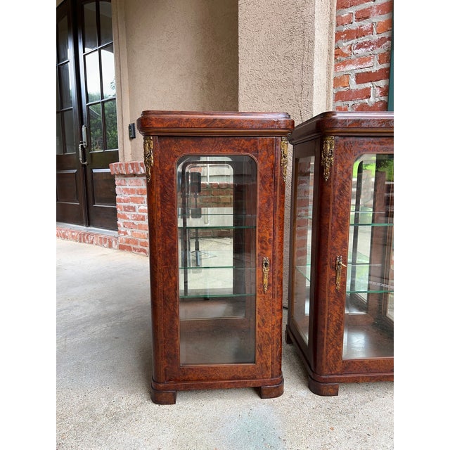 Pair Antique French Glass Vitrine Display Cabinets Burl Mahogany Mirror C1900 For Sale - Image 4 of 18