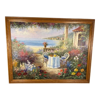 Late 20th Century Large Mid-Century Style Mediterranean Coastal Terrace Oil Painting - Signed "W. Brittain" For Sale