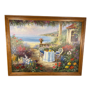 Late 20th Century Large Mid-Century Style Mediterranean Coastal Terrace Oil Painting - Signed "W. Brittain"