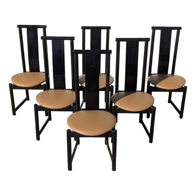 Set of Six BiF Postmodern Black Lacquer Dining Chairs, 1980s For Sale