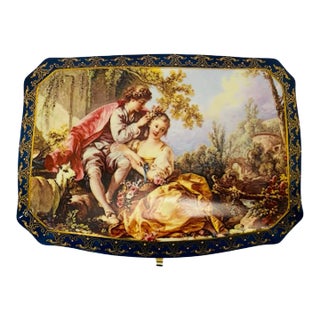 Early 20th Century Antique Limoges Porcelain Dresser Box, Hand Painted Romantic Scene For Sale