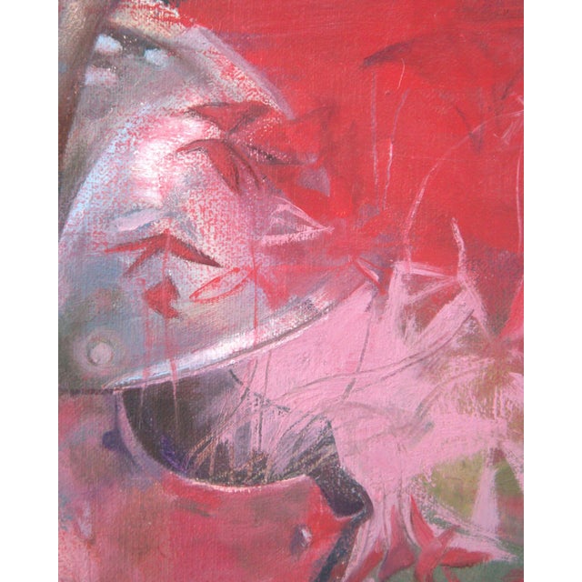 Memoriam by Elena Burykina | Oil on panel Still life of a knight's helmet with red background For Sale - Image 4 of 5