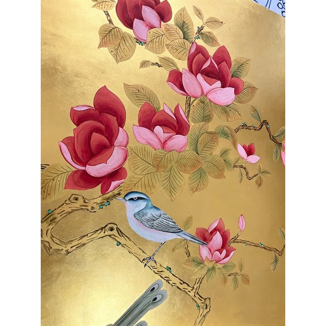 Hand Painted Gold Leaf Wallpaper With Birds & Floral Chinoiserie Design, Luxury Oriental Wallcovering, Custom Made Decorative Wall Mural For Sale - Image 11 of 13