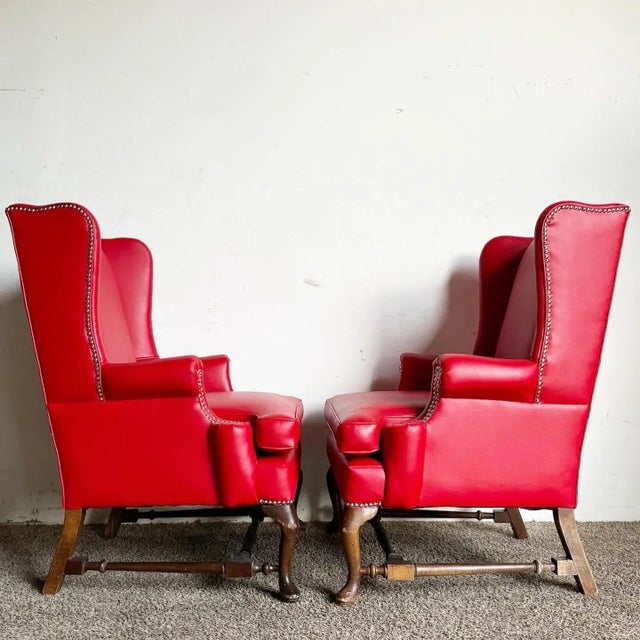 Traditional Traditional Red Faux Leather Wingback Chairs - a Pair For Sale - Image 3 of 11