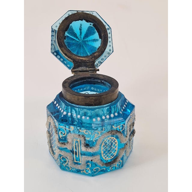 1920s Antique Art Deco French Inkwell in Blue Faceted Glass, 1920 For Sale - Image 5 of 10