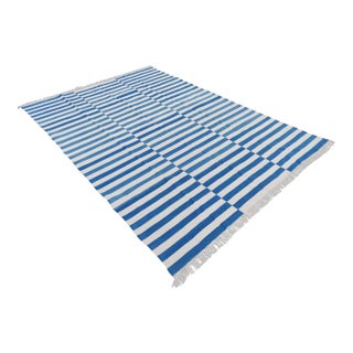 Handmade Sky Blue and White Cotton Vegetable Dyed Striped Rug - 14'x16' For Sale