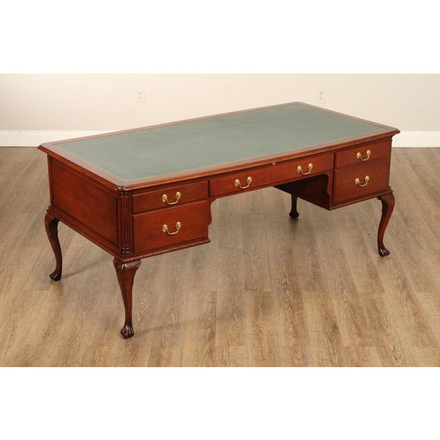 High Quality American Made Cherry Wood Carved Desk With Tooled Leather Top, Dovetailed Drawers