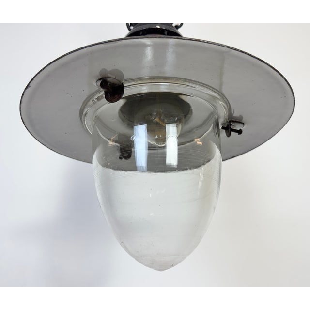 Industrial German Black Enamel Pendant Lamp with Glass Cover, 1930s For Sale - Image 4 of 14