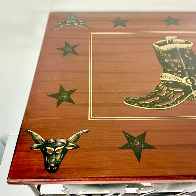 1990s 1990s Vintage Americana Southwestern Horse, Cowboy Boot, & Long Horn Steer Metal Framed Side Table For Sale - Image 5 of 17