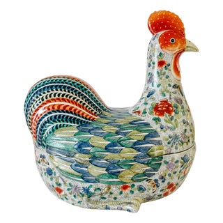 Large Vintage Chinese Famille Rose Polychrome Enamel Rooster Form Covered Box & Tureen For Sale