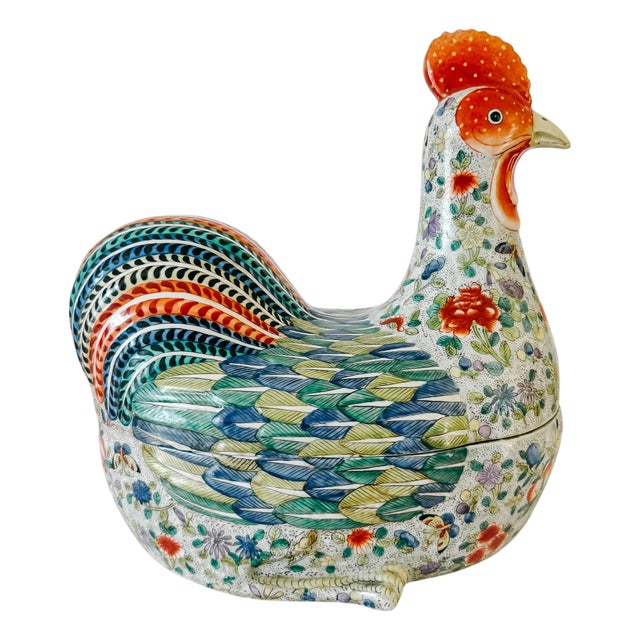 Large Vintage Chinese Famille Rose Polychrome Enamel Rooster Form Covered Box & Tureen For Sale