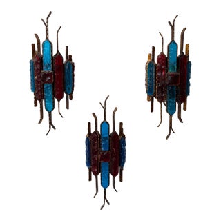 Hammered Glass Wrought Iron Sconces by Longobard, Italy, 1970s, Set of 3 For Sale