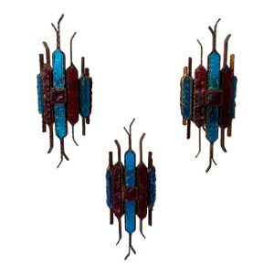 Hammered Glass Wrought Iron Sconces by Longobard, Italy, 1970s, Set of 3
