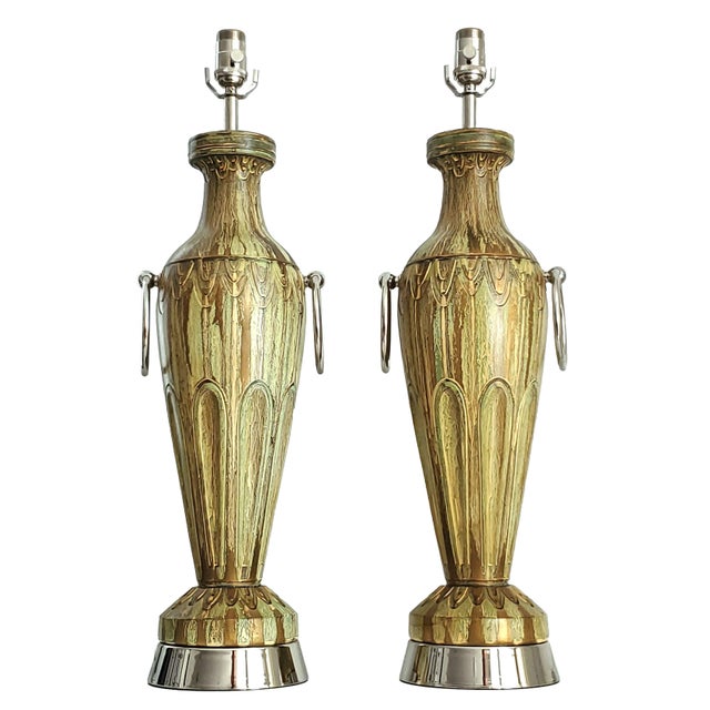 Chinoiserie Large Lamps Sage Green & Bronze Painted Plaster New Nickel Silver Hardware - Pair For Sale - Image 3 of 14